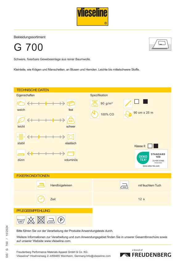 Bügeleinlage // Gewebeeinlage G 700 // Reine Baumwolle // Weiß – Bild 2